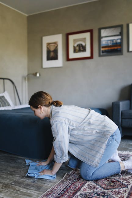 A woman with brown hair tied back, wearing a light blue and white striped shirt and blue jeans, is kneeling on a patterned rug in a living room, cleaning a wooden floor with a blue cloth. The room features a grey wall decorated with three framed pictures, and furniture including a blue upholstered bed with white bedding and a grey armchair. Natural light illuminates the space, highlighting the clean, polished surface of the wooden floor, which appears free of dust and stains. The scene depicts domestic surface cleaning as part of a professional deep cleaning process, with Hammersmith Carpet Cleaning providing effective sanitisation and maintenance for residential spaces.